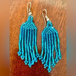 Vintage Handmade Lagoon Blue Seed Beaded Native Style Hook Earrings 2.5”